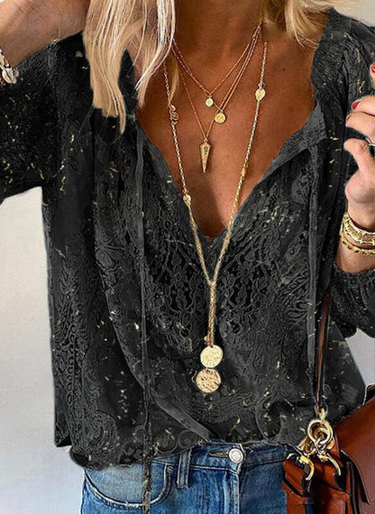 Women's Loose Printed Solid Color Lace Shirt