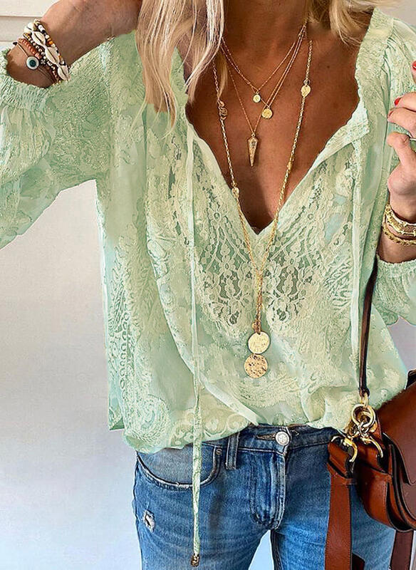 Women's Loose Printed Solid Color Lace Shirt