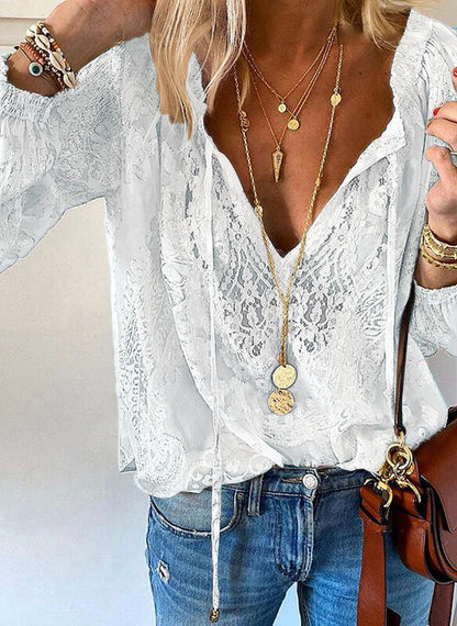 Women's Loose Printed Solid Color Lace Shirt