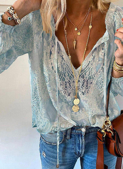 Women's Loose Printed Solid Color Lace Shirt