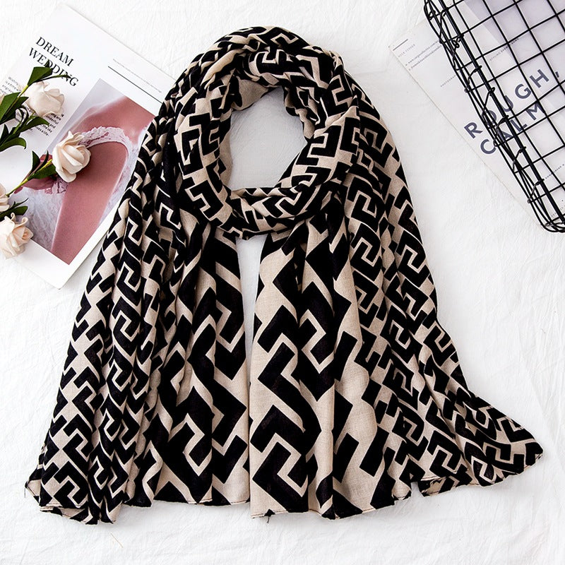 Pañuelo Largo Estampado A Mano De Algodón Y Lino Con Símbolo De Letra