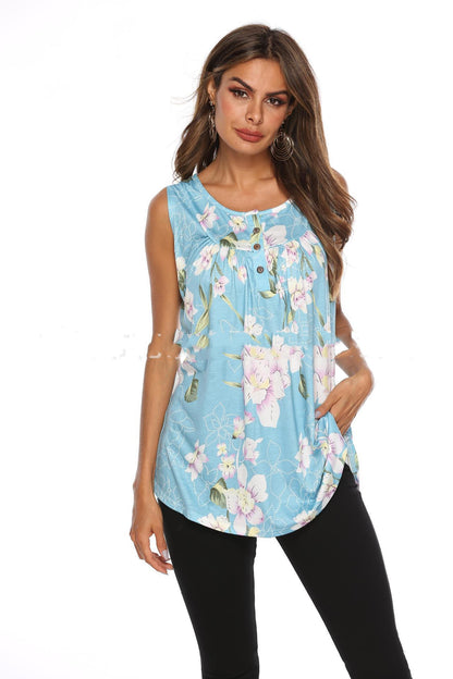 V-Neck Sleeveless Vest With Printed Buttons