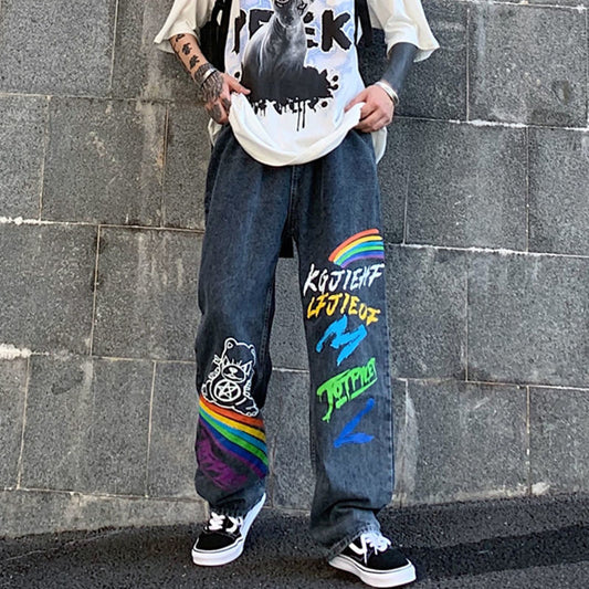 Loose Straight Trend Ins High Street Hip-Hop Graffiti Rainbow Letters Pantalones estampados