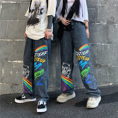 Pantalon ample droit tendance Ins High Street Hip-Hop Graffiti lettres arc-en-ciel imprimé