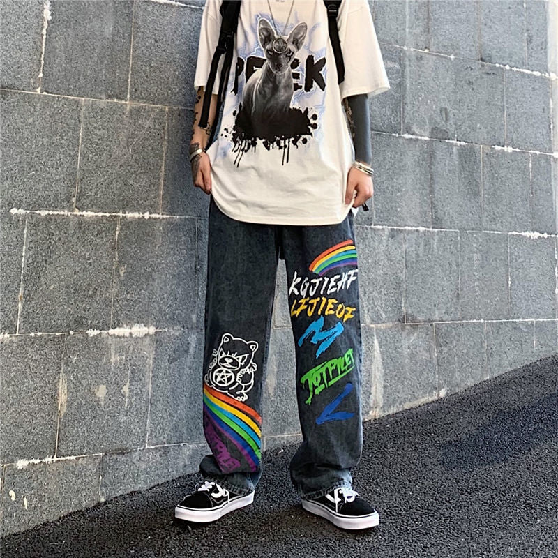 Pantalon ample droit tendance Ins High Street Hip-Hop Graffiti lettres arc-en-ciel imprimé