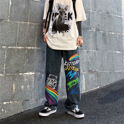 Pantalon ample droit tendance Ins High Street Hip-Hop Graffiti lettres arc-en-ciel imprimé