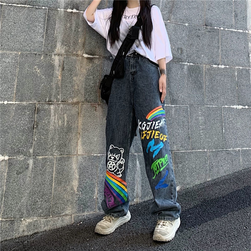 Pantalon ample droit tendance Ins High Street Hip-Hop Graffiti lettres arc-en-ciel imprimé