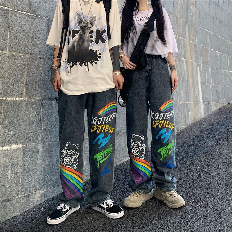 Pantalon ample droit tendance Ins High Street Hip-Hop Graffiti lettres arc-en-ciel imprimé