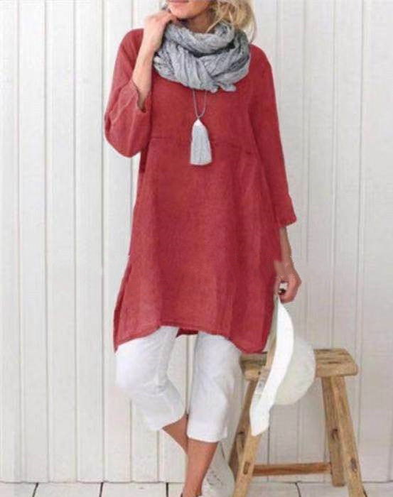 Cotton And Linen Mid-Sleeve  Blouse