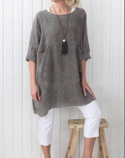 Cotton And Linen Mid-Sleeve  Blouse