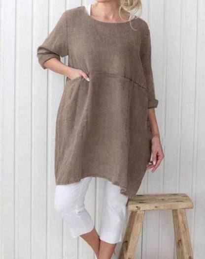 Cotton And Linen Mid-Sleeve  Blouse