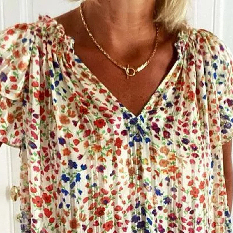 Women V Neck Floral Short Sleeve Shirt