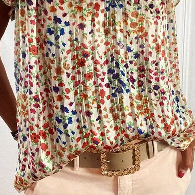 Women V Neck Floral Short Sleeve Shirt