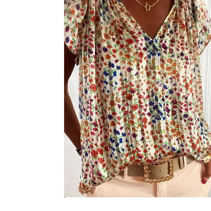 Women V Neck Floral Short Sleeve Shirt