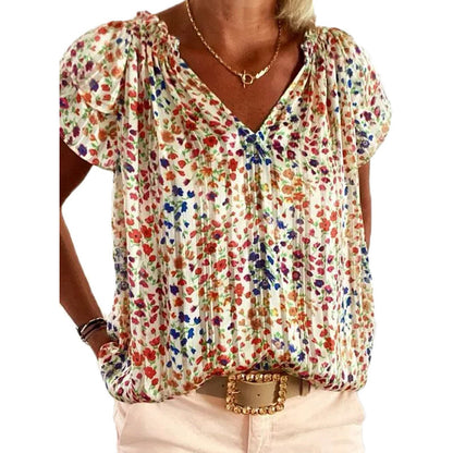 Women V Neck Floral Short Sleeve Shirt