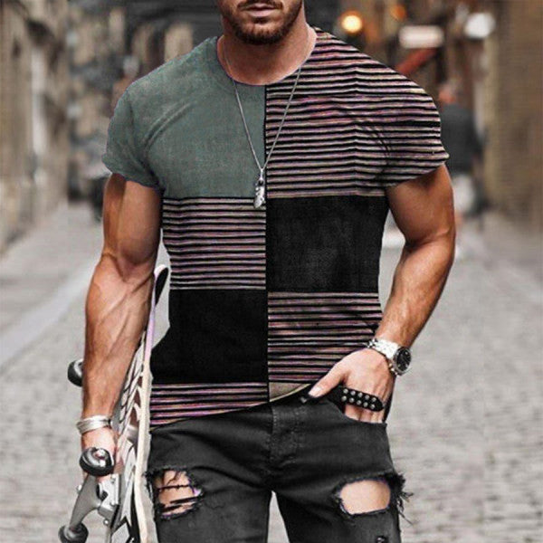 Striped Color Matching Loose Casual Short Sleeved Round Neck Men's T Shirt