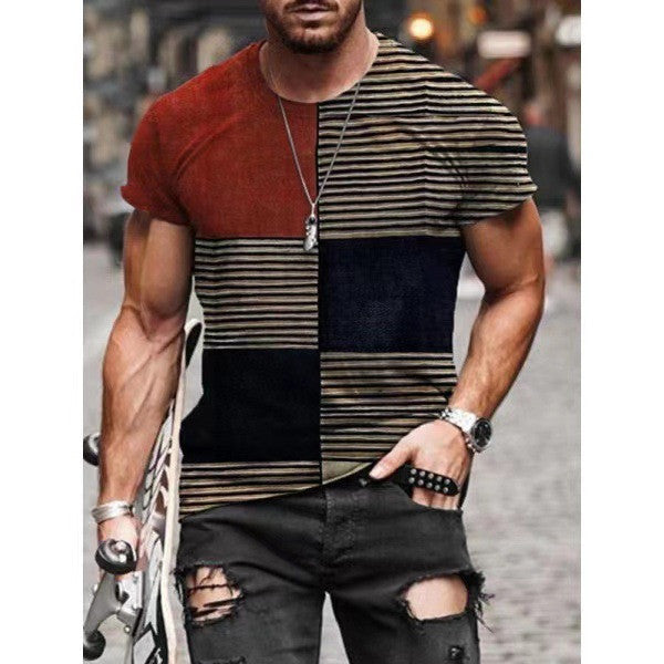 Striped Color Matching Loose Casual Short Sleeved Round Neck Men's T Shirt