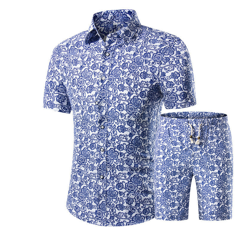 Short-Sleeved Floral Shirt Shorts A Set Of Cross-Border Men'S Beachwear Floral Sports