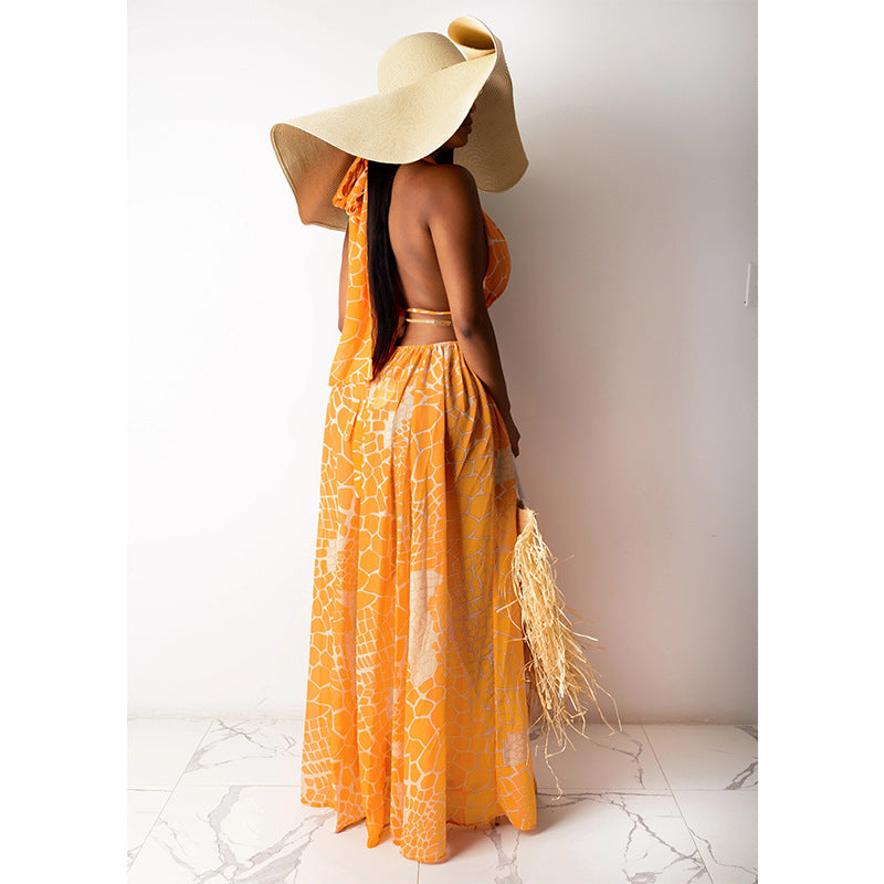 Nueva falda larga sin mangas con estampado sexy Sling Dress