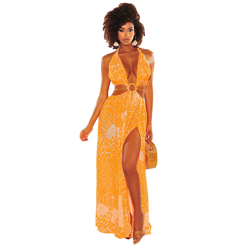 Nueva falda larga sin mangas con estampado sexy Sling Dress