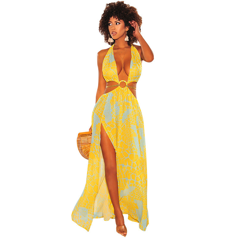 Nueva falda larga sin mangas con estampado sexy Sling Dress