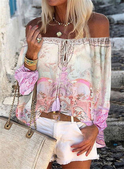 Printed One-Line V-Neck Flared Sleeve Chiffon Shirt