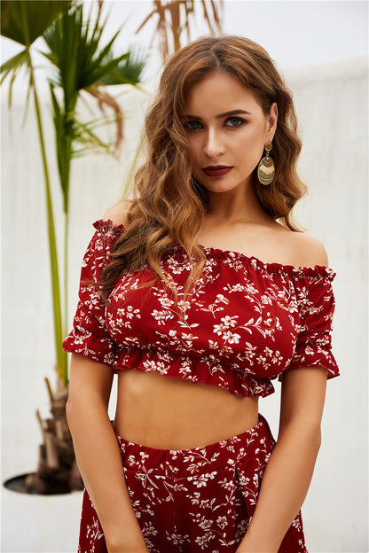 Two Piece Off Shoulder Chest Wrapped Shorts Printing Set