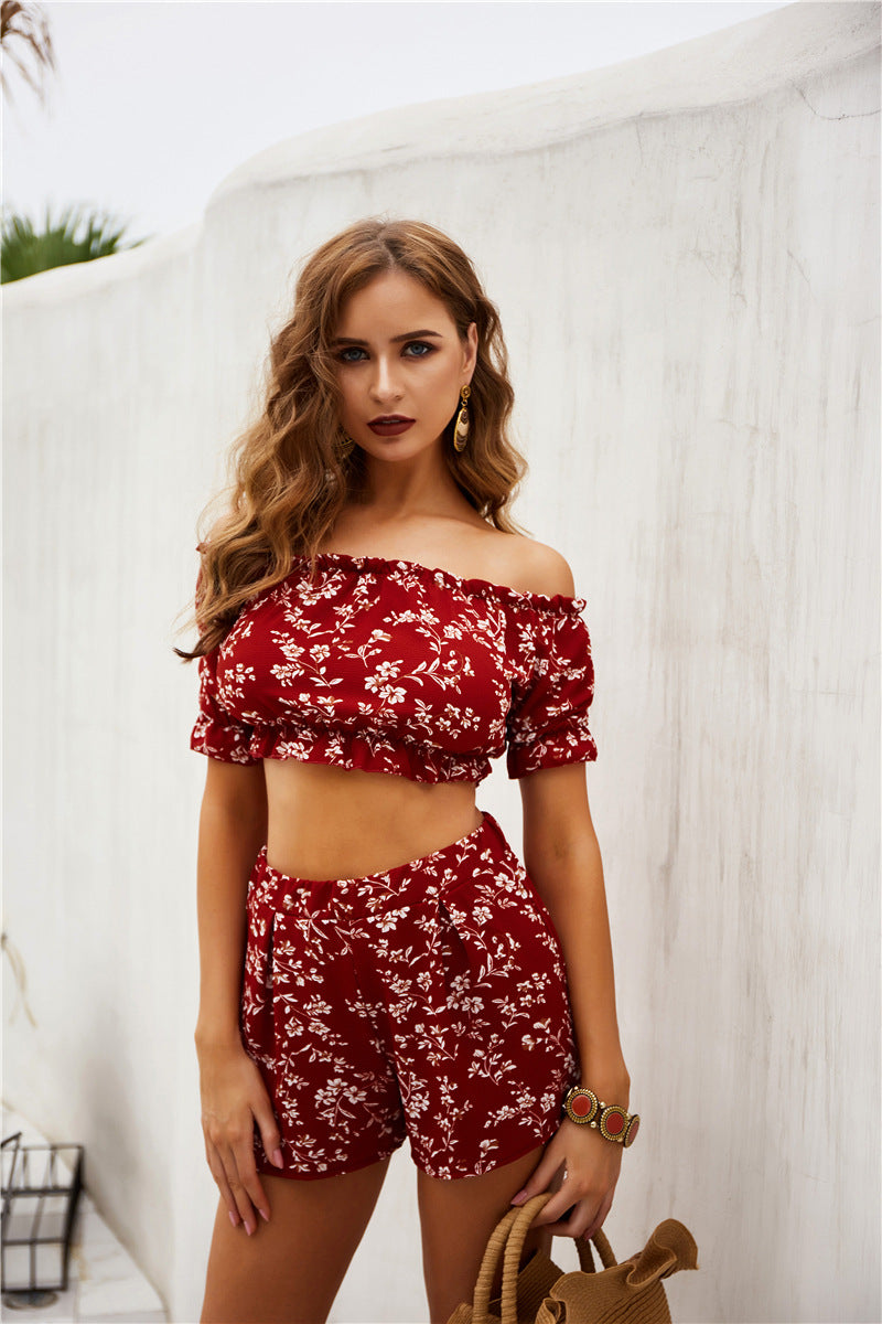 Two Piece Off Shoulder Chest Wrapped Shorts Printing Set