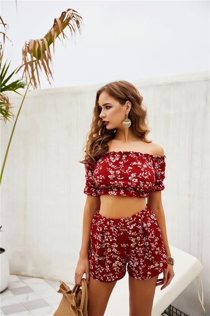 Two Piece Off Shoulder Chest Wrapped Shorts Printing Set