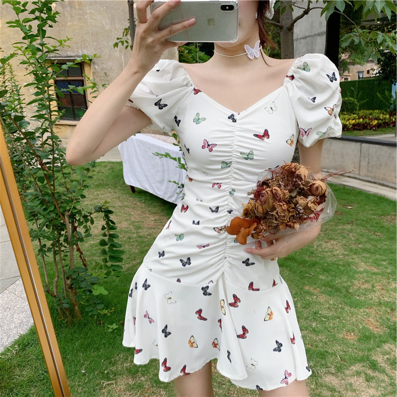 V-neck Pleated Puff Sleeve Ruffle Skirt Printed Dress