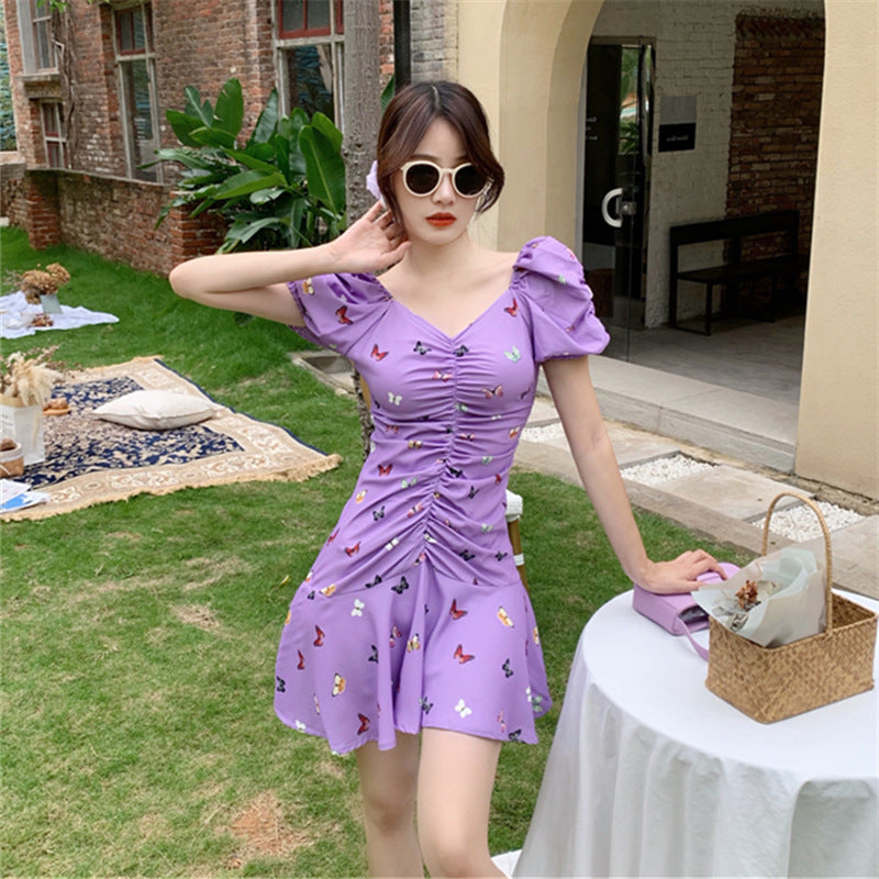 V-neck Pleated Puff Sleeve Ruffle Skirt Printed Dress