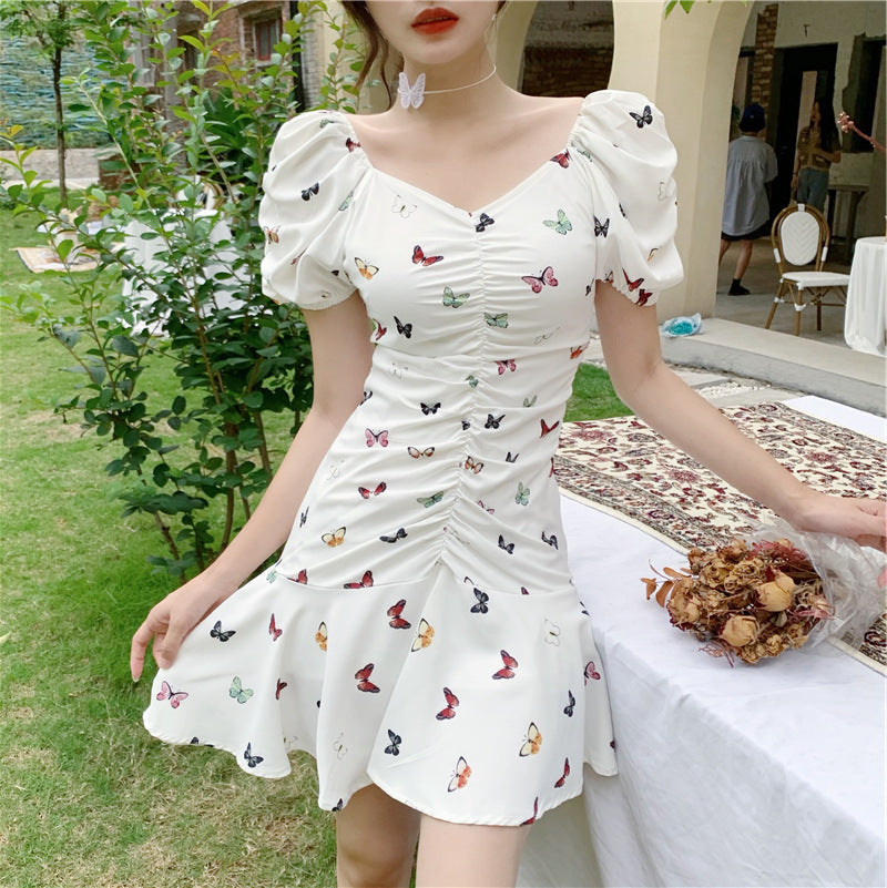 V-neck Pleated Puff Sleeve Ruffle Skirt Printed Dress