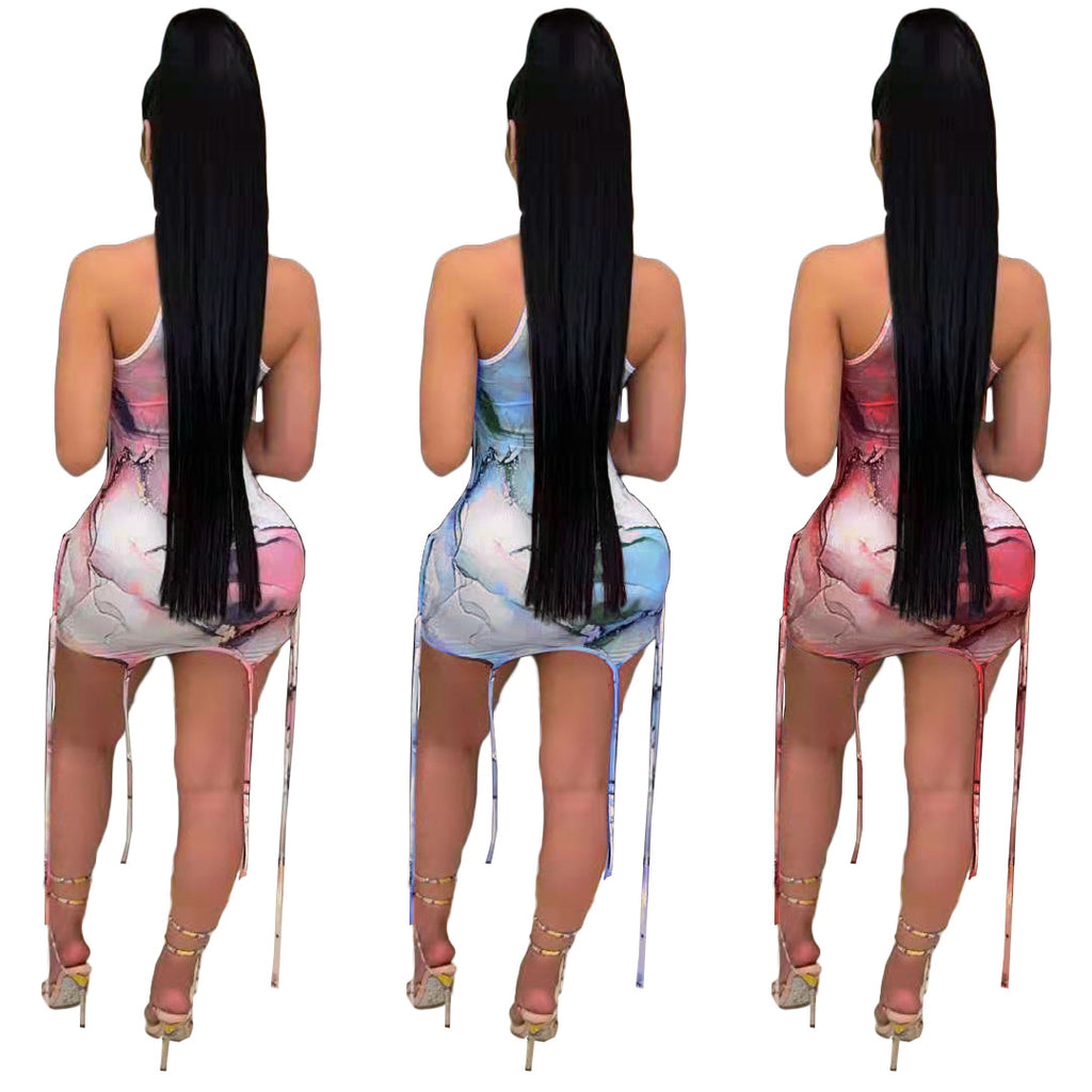 Nuevo vestido estampado con decoración de cuerda de personalidad informal