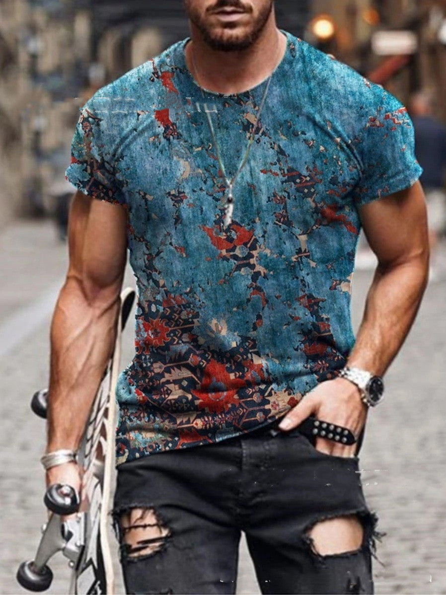 Men's Round Neck Retro Print Casual Short Sleeves