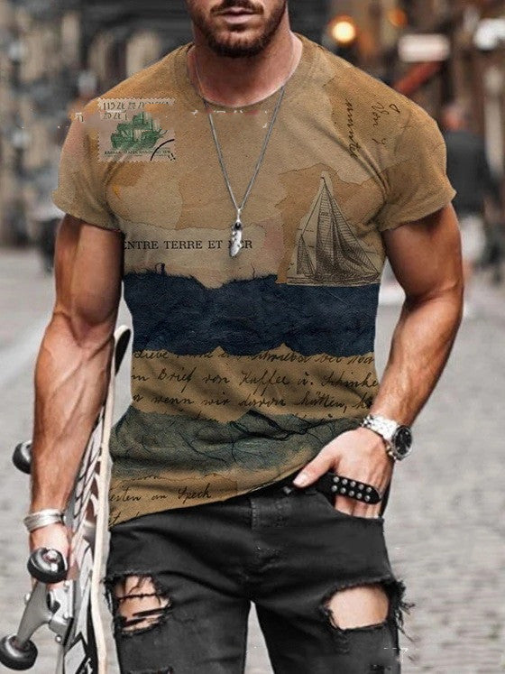 Homme Col Rond Imprimé Rétro Décontracté Manches Courtes