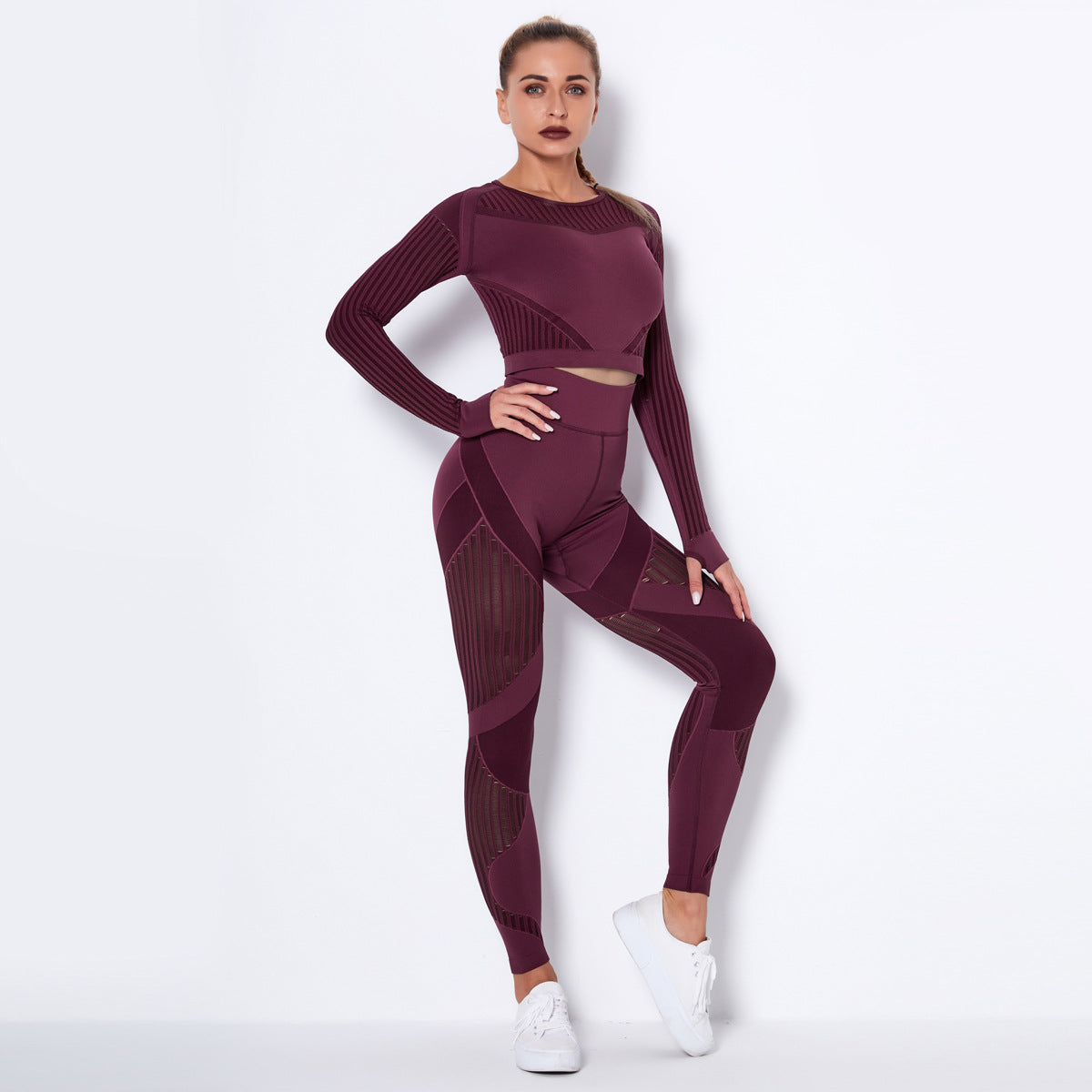 Traje de manga larga de yoga absorbente de punto sin costuras