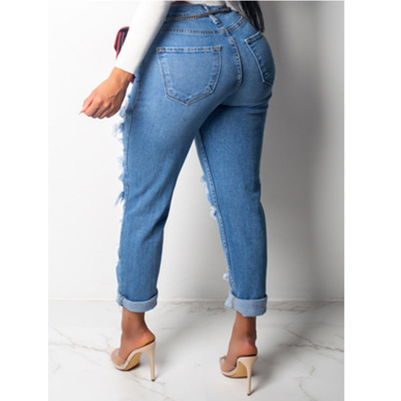 Women Spring  Fashion Big Broken Hole Elastic Jeans