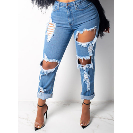 Women Spring  Fashion Big Broken Hole Elastic Jeans