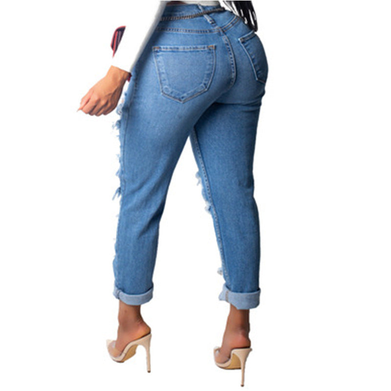 Women Spring  Fashion Big Broken Hole Elastic Jeans