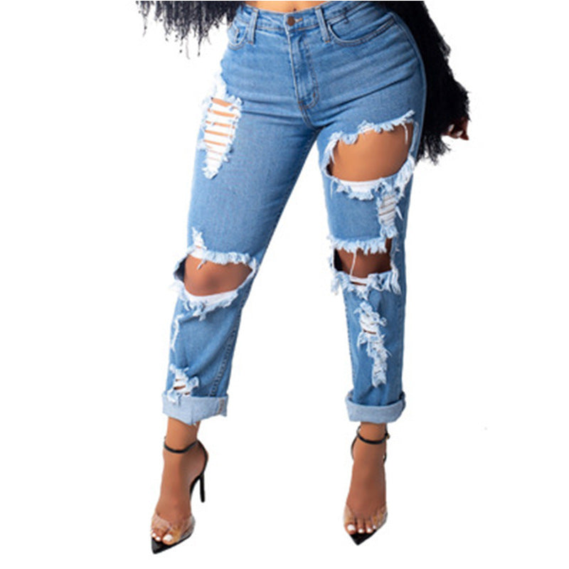 Women Spring  Fashion Big Broken Hole Elastic Jeans