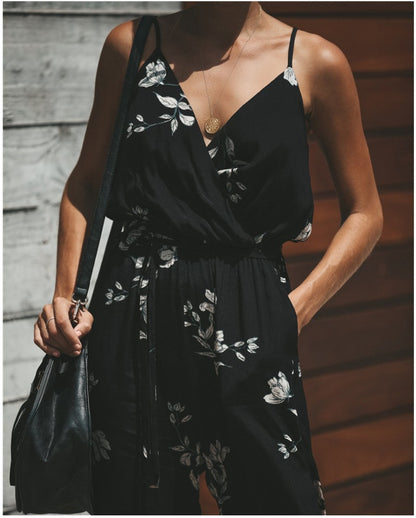 Printed Backless Tether pocket Sling V-neck Jumpsuit