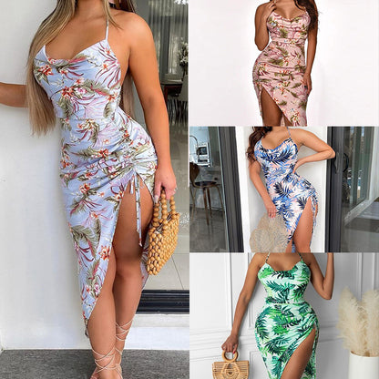 Floral Print Draped Backless Dress