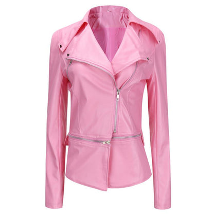 Women'S Slim-Fit Motorcycle Leather Jacket With Zipper Two-Wear Leather Jacket