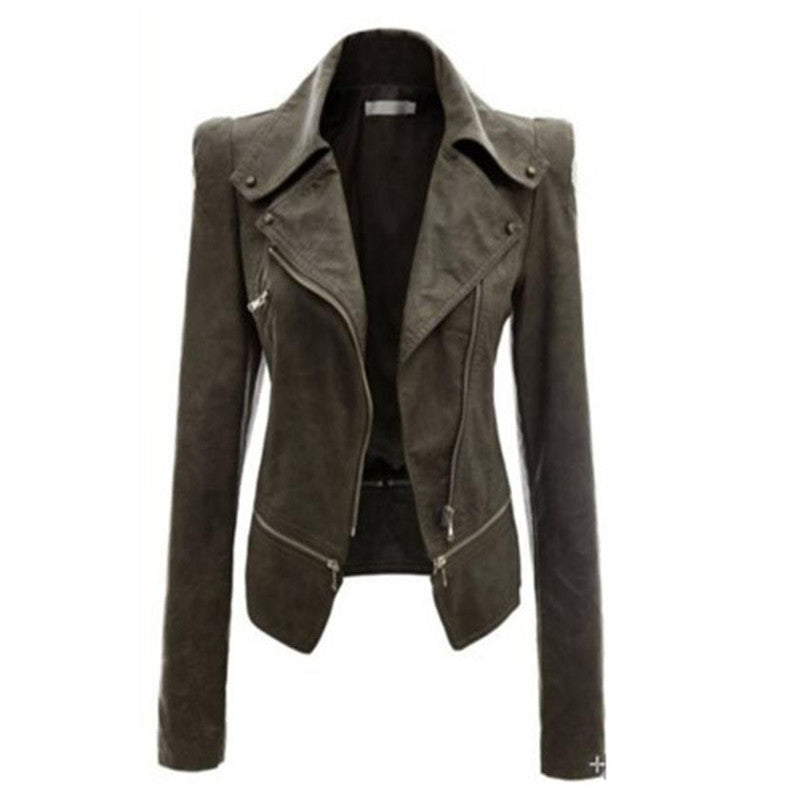 Women'S Slim-Fit Motorcycle Leather Jacket With Zipper Two-Wear Leather Jacket