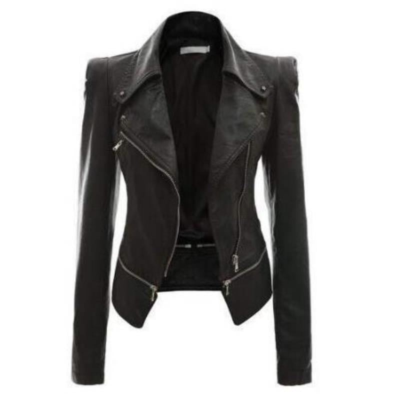 Women'S Slim-Fit Motorcycle Leather Jacket With Zipper Two-Wear Leather Jacket