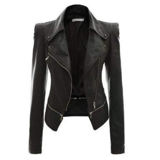 Chaqueta de cuero de moto de corte ajustado para mujer con cremallera Chaqueta de cuero de dos usos