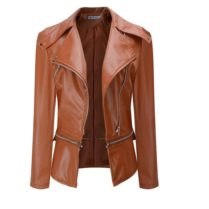 Women'S Slim-Fit Motorcycle Leather Jacket With Zipper Two-Wear Leather Jacket