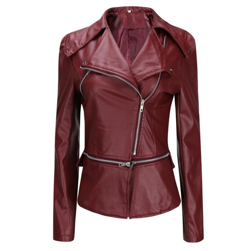 Women'S Slim-Fit Motorcycle Leather Jacket With Zipper Two-Wear Leather Jacket