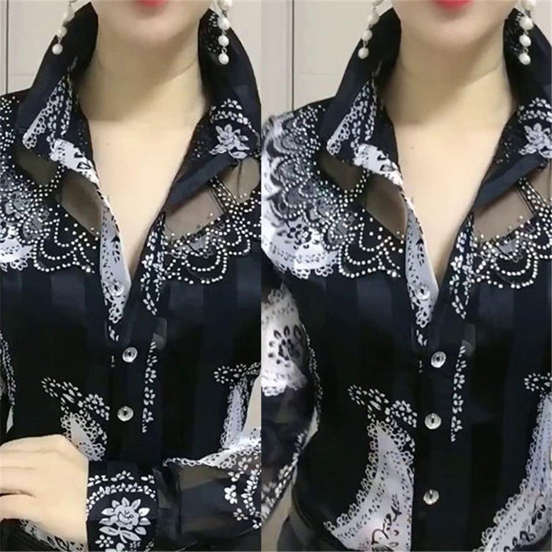 Chemise à manches longues pour femmes Chemise en mousseline de soie à coutures en dentelle de style occidental