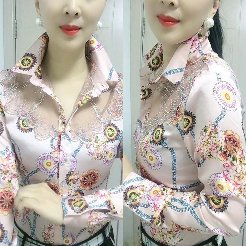 Chemise à manches longues pour femmes Chemise en mousseline de soie à coutures en dentelle de style occidental